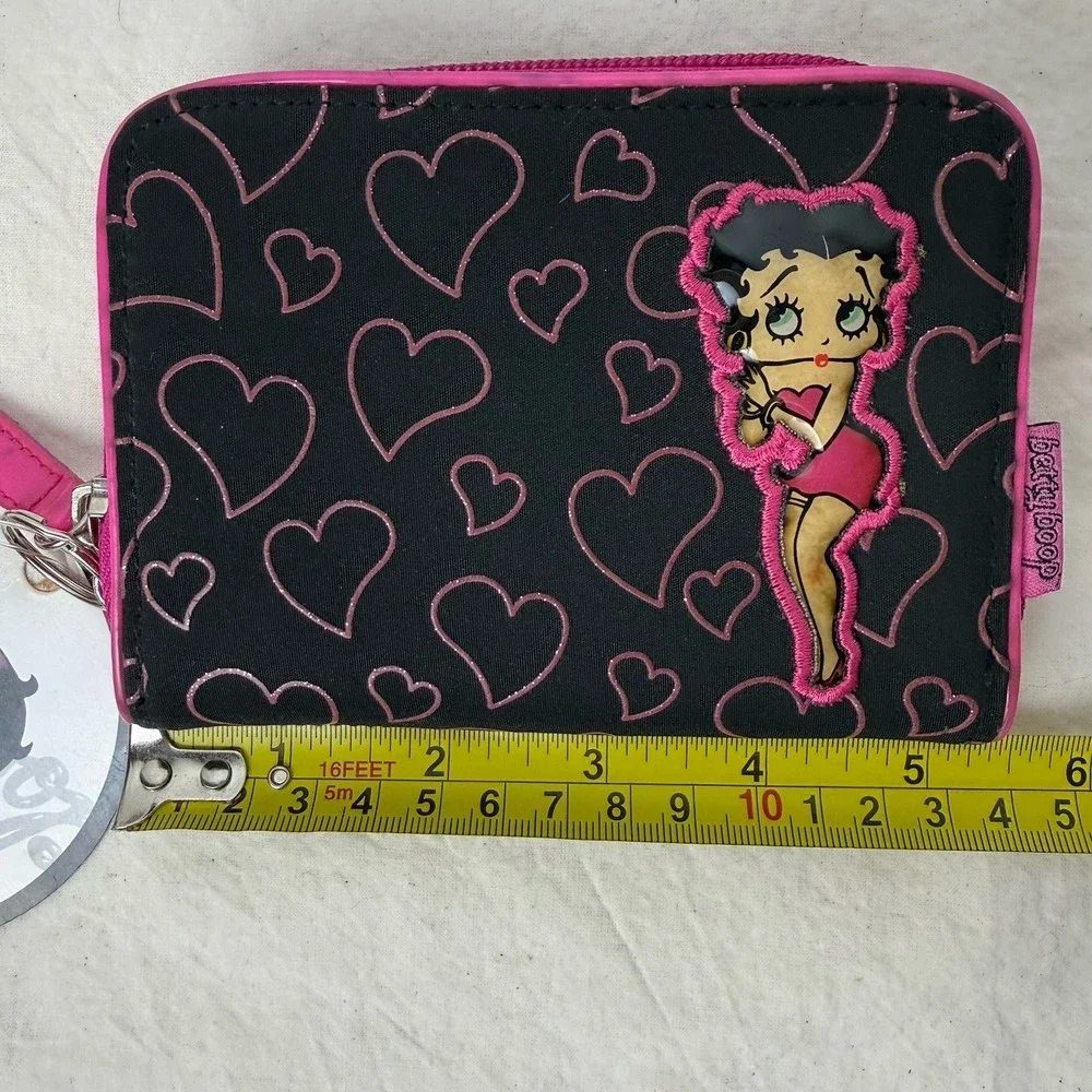 VTG Betty Boop Zip Around Wallet Clutch‎ Coin Purse Pink Black Hearts NWT 2005